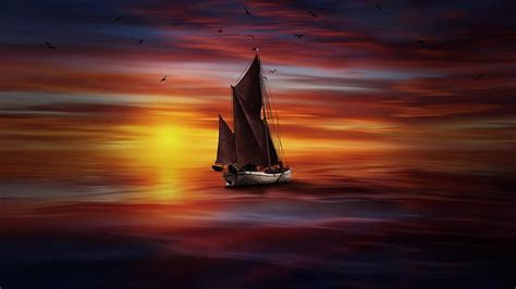 Hd Wallpaper Boat Digital Art Fantasy Art Sky Sunset Sea Sailing