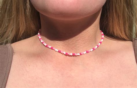 Pink And White Beaded Choker Necklace Etsy