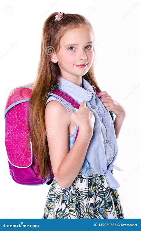Portrait Of Cute Smiling Happy School Girl Child Teenager With School