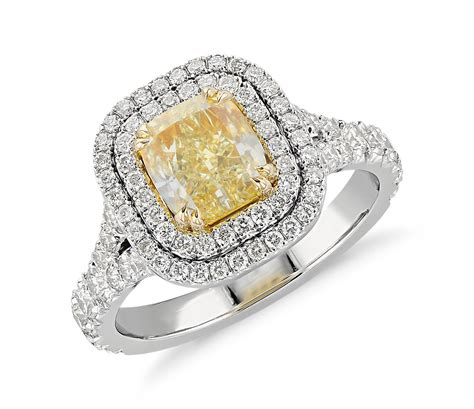 Fancy Intense Yellow Cushion Cut Diamond Ring In Platinum And 18k