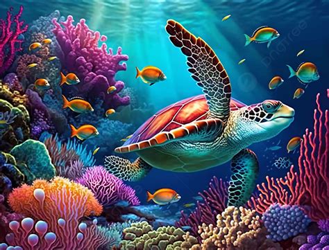 Coral Reef Sea Turtle Marine Life Beautiful Ocean Background Ocean