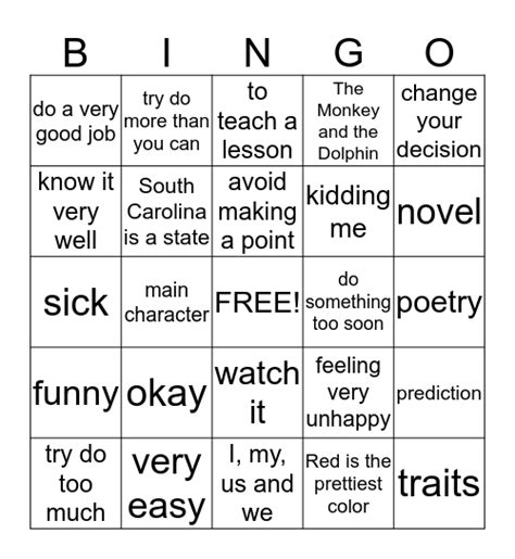 english language arts bingo card