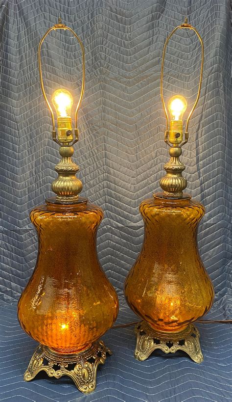 Pair Of Large Vintage Amber Glass Lamps With Dual Bulbs Mid Etsy