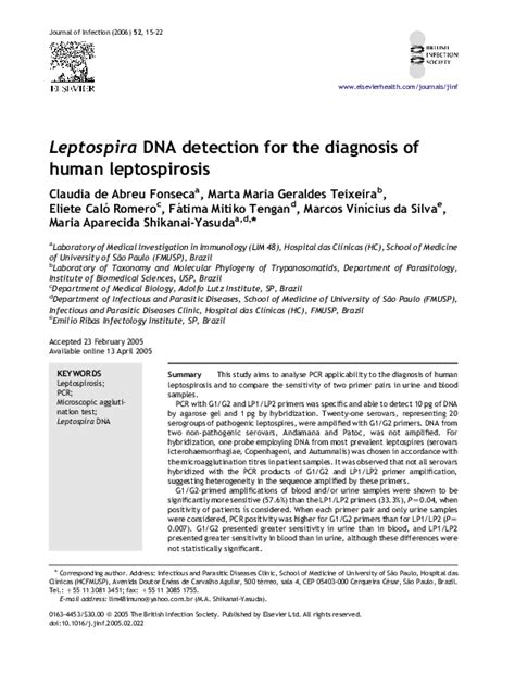 Pdf Leptospira Dna Detection For The Diagnosis Of Human Leptospirosis