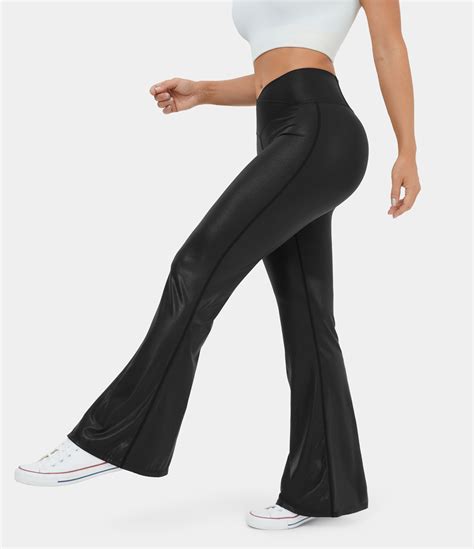 women s cloudful® shine crossover waisted shine foil print stretchy super flare leggings halara