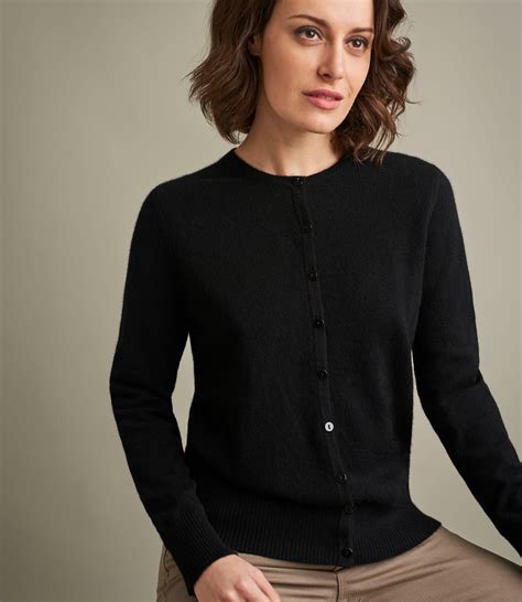 Black Womens Luxurious Pure Cashmere Crew Neck Cardigan Woolovers Uk