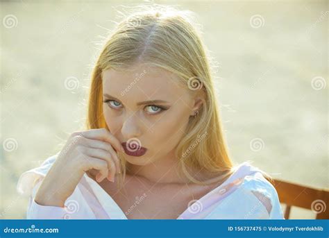 girl with sensual lips makeup face and long blond hair stock image image of eyeshadows
