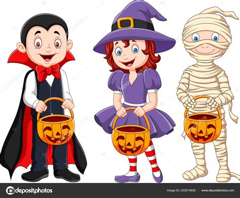 Enfants Bande Dessinée Avec Costume Dhalloween Tenant Panier