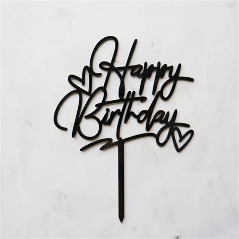 Black Happy Birthday Cake Topper With Hearts Etsy