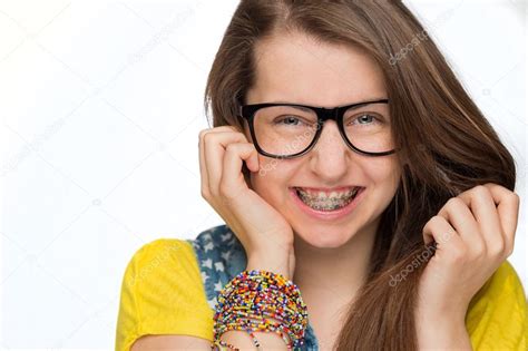 Girl With Braces Wearing Geek Glasses Stock Photo By ©candyboximages