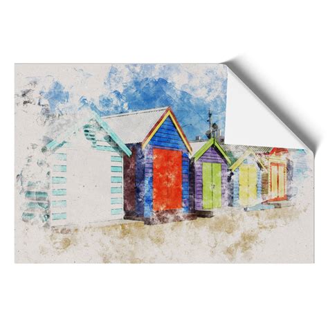 Colourful Beach Huts Watercolour Framed Wall Art Print Large Picture