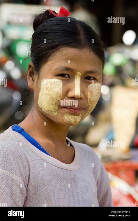 Young Woman With Thanaka Makeup In Nyaung Oo Market In Bagan Myanmar