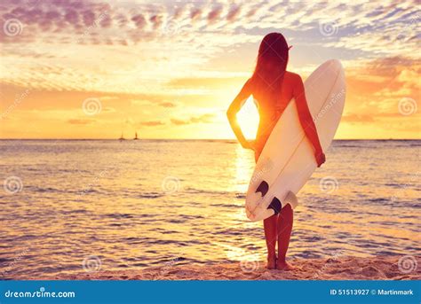 Surfer Girl Surfing Looking At Ocean Beach Sunset Stock Image Image Of Body Fitness