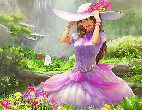 Anime Girl Art Dress Lovely Grasss Hat Nice Waterfall Flowers