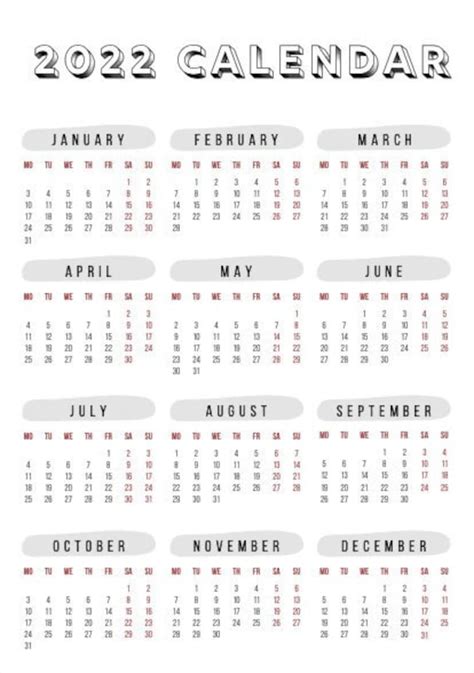 2022 One Page Calendar Etsy Hong Kong
