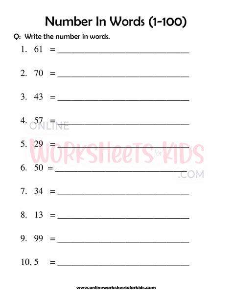Number Words Worksheet 1 100 For Grade 1 9