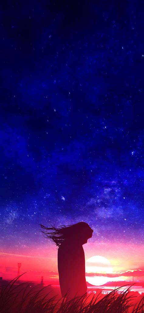1125x2436 Anime Girl In Field Silhouette Sunset Iphone Xs Iphone 10