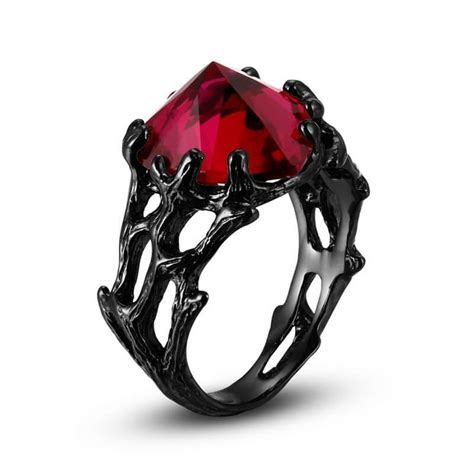 Vancaro Black Ring Womens With Ruby Heart Stone In Gothic Style