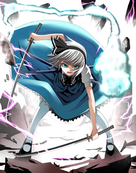 Video Games Touhou Blue Eyes Katana Tie Skirts Rocks Weapons Shoes Jackets Ghosts