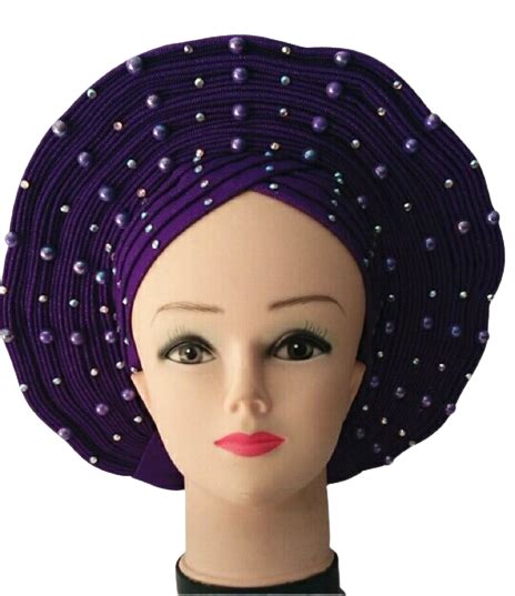 African Aso Oke Auto Gele Headtie Turban Head Wrap With Pearls Neon