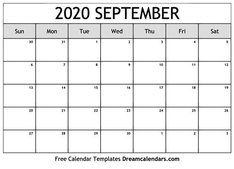 September 2020 Calendar Free Blank Printable With Holidays