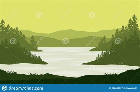 Beautiful Mountain View From The River Bank With The Silhouette Of Pine