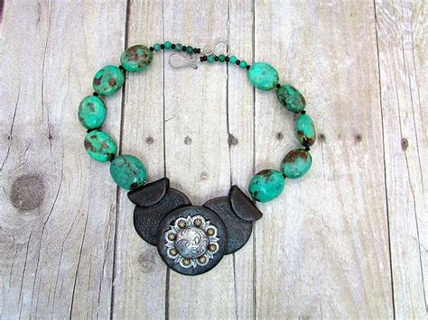 Turquoise Necklace With Faux Leather Pendant Etsy Turquoise