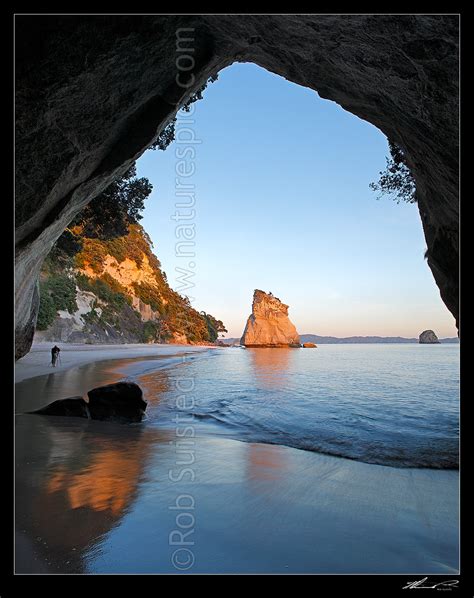 Cathedral Cove Peaceful Sunrise Morning Looking Through Rock Tunnel Or