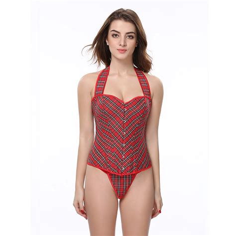 Guepiere Sexy Overbust Lace Up Corsets And Bustiers Halter Backless Women Plaid Steel Boned