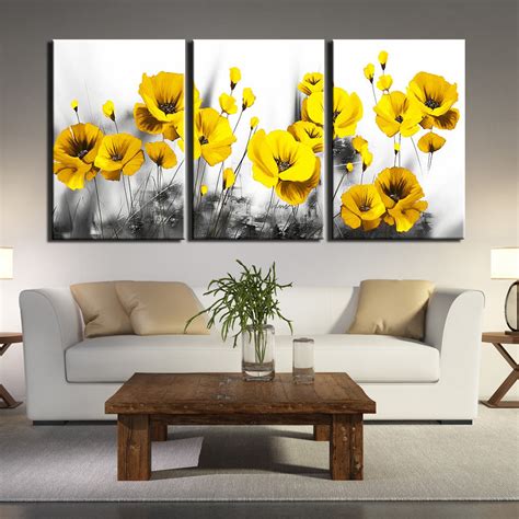 Bright Yellow Pretty Flowers Nature 3 Piece Canvas Wall Art Painting W