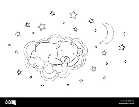 Cute Little Teddy Bear On A Cloud In The Starry Sky With The Moon