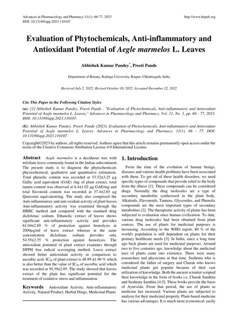 pdf evaluation of phytochemicals anti inflammatory and antioxidant potential of aegle