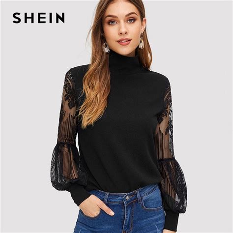Shein Women Black High Neck Lace Lantern Sleeve Top Fashion Mesh Blouse