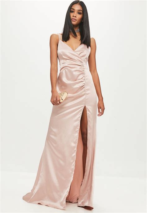 Gold Satin Ruched Split Maxi Dress | Missguided