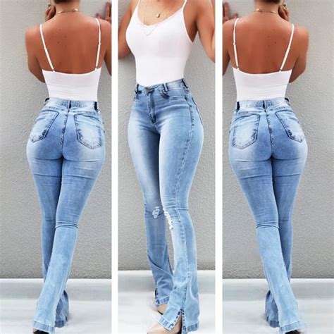 women s high waisted jeans skinny ripped boot cut denim pants sexy push up flare trousers