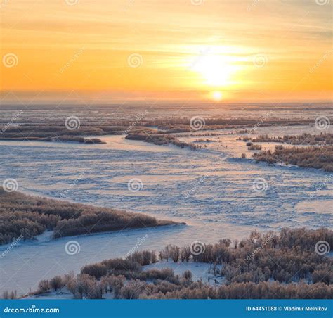 Forest River During Cold Winter Sundown Top View Stock Photo Image
