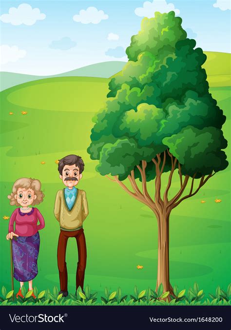 Grandparents At The Hilltop Near The Tree Vector Image