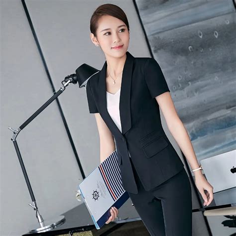 new 2019 summer short sleeve formal uniform design female pantsuits with tops and pants ladies