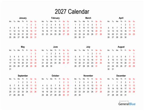 2027 Yearly Calendar Templates With Monday Start