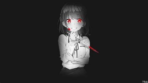 Red Eyes Smiling Short Hair Anime Anime Girls Blood Monochrome Knife Blushing