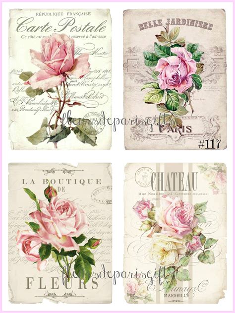 Shabby Chic Vintage French Paris Roses 4 Small Prints On 1 8 Etsy