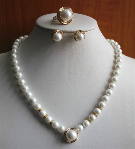 free shipping women s pure white pearl necklace earring ring 7 8 9 jewelry set in jewelry sets