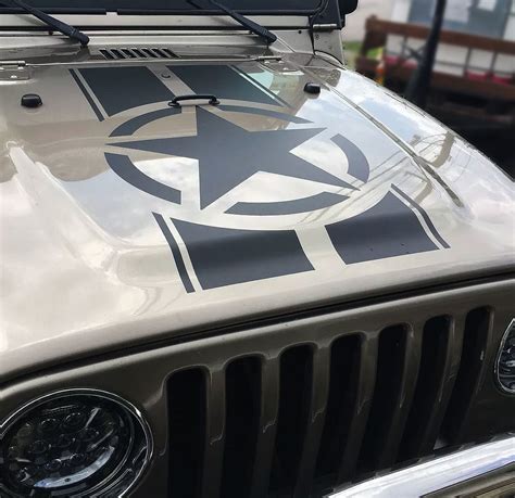 Distressed Oscar Mike Military Star Jeep Black Out Hood 3 Piece Vinyl