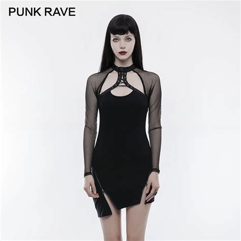 Punk Rave Punk Inclined Pendulum Dress Sexy Mesh Sheer Sleeve Asymmetric Hem Zipper Adjust