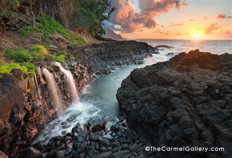 Queens Bath Waterfall Kauai At Sunset