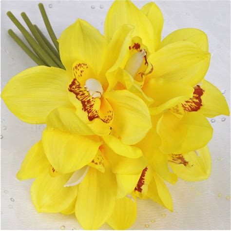 Yellow Cymbidium Artificial Orchid Decoration Flower Silk Flowers For Home Party Decoration Free