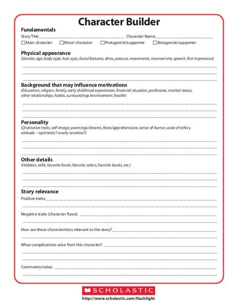 Character Builder Worksheet For 5th 12th Grade Lesson Planet