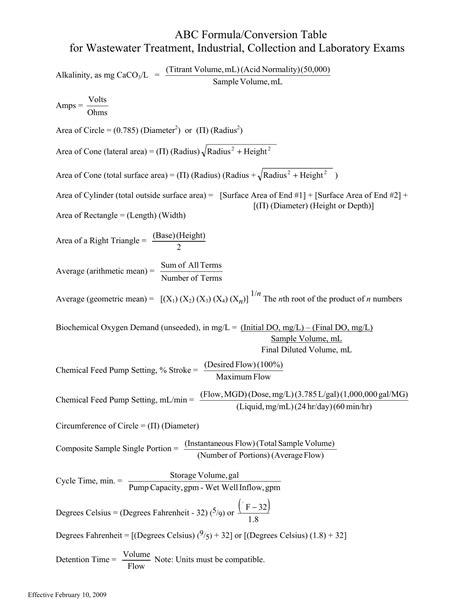 Abc Formulaconversion Table For Wastewater Treatment Industrial