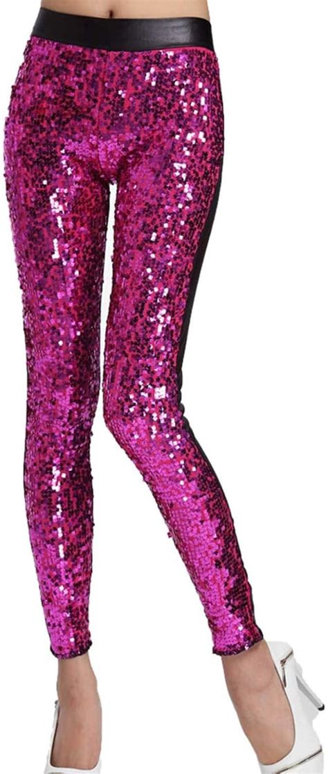 feeshow womens shiny sequin glitter high waist faux leather stretch long leggings jeggings pants