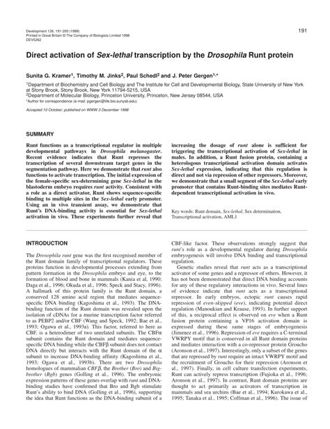 pdf direct activation of sex lethal transcription by the drosophila runt protein